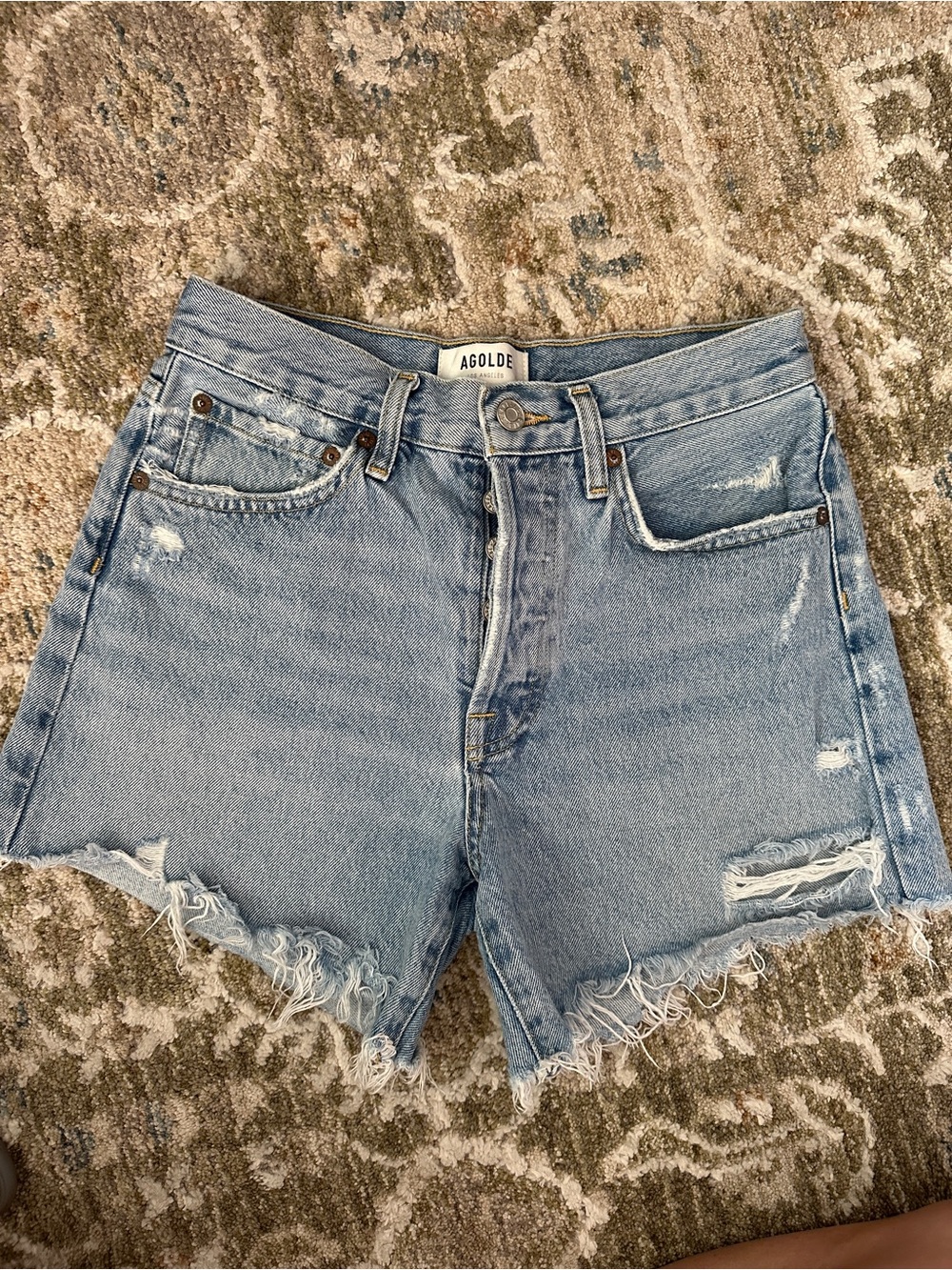 Agolde Light Blue Distressed High-Rise Denim Shorts
